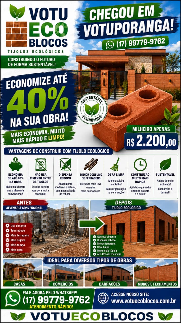 Tijolo ecológico VotuEco Blocos — economize até 40% na sua obra